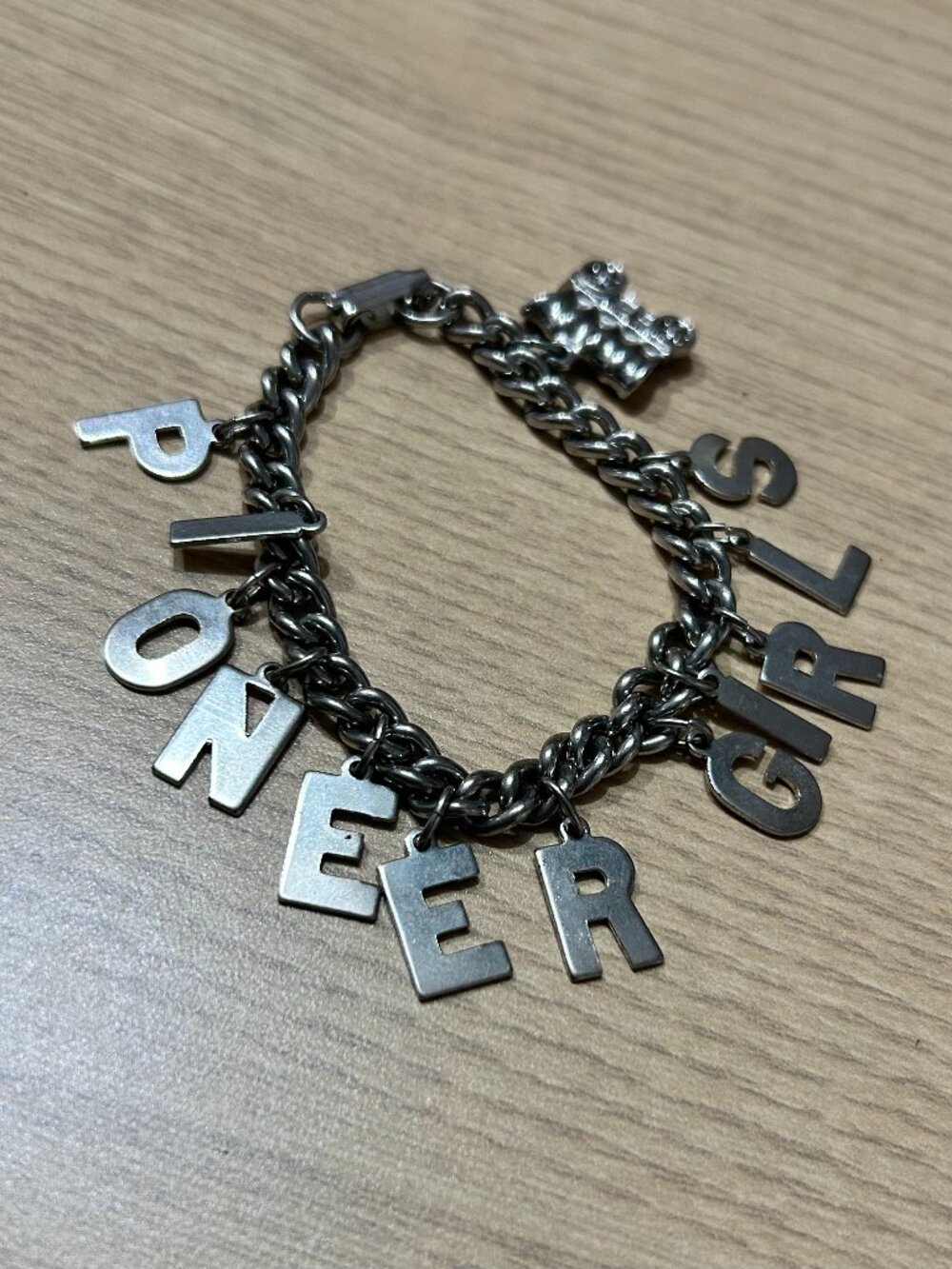 Vintage Pioneer Girls Silver Tone Letter Charm Bracelet Covered Wagon